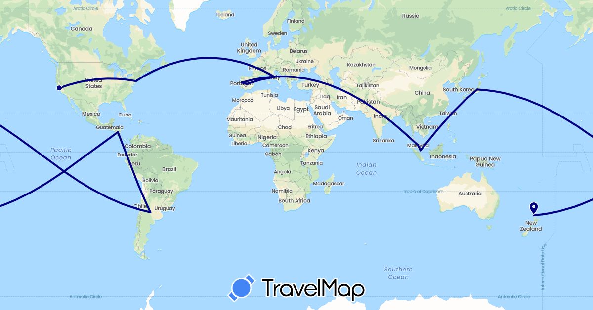TravelMap itinerary: driving in Argentina, Spain, Italy, Japan, Malaysia, Nicaragua, New Zealand, Portugal, Singapore, United States (Asia, Europe, North America, Oceania, South America)